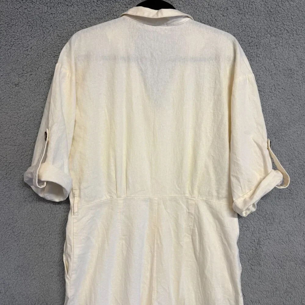 ZARA Linen Blend Jumpsuit Womens L White Roll Tab Sleeves Button Collar Resort